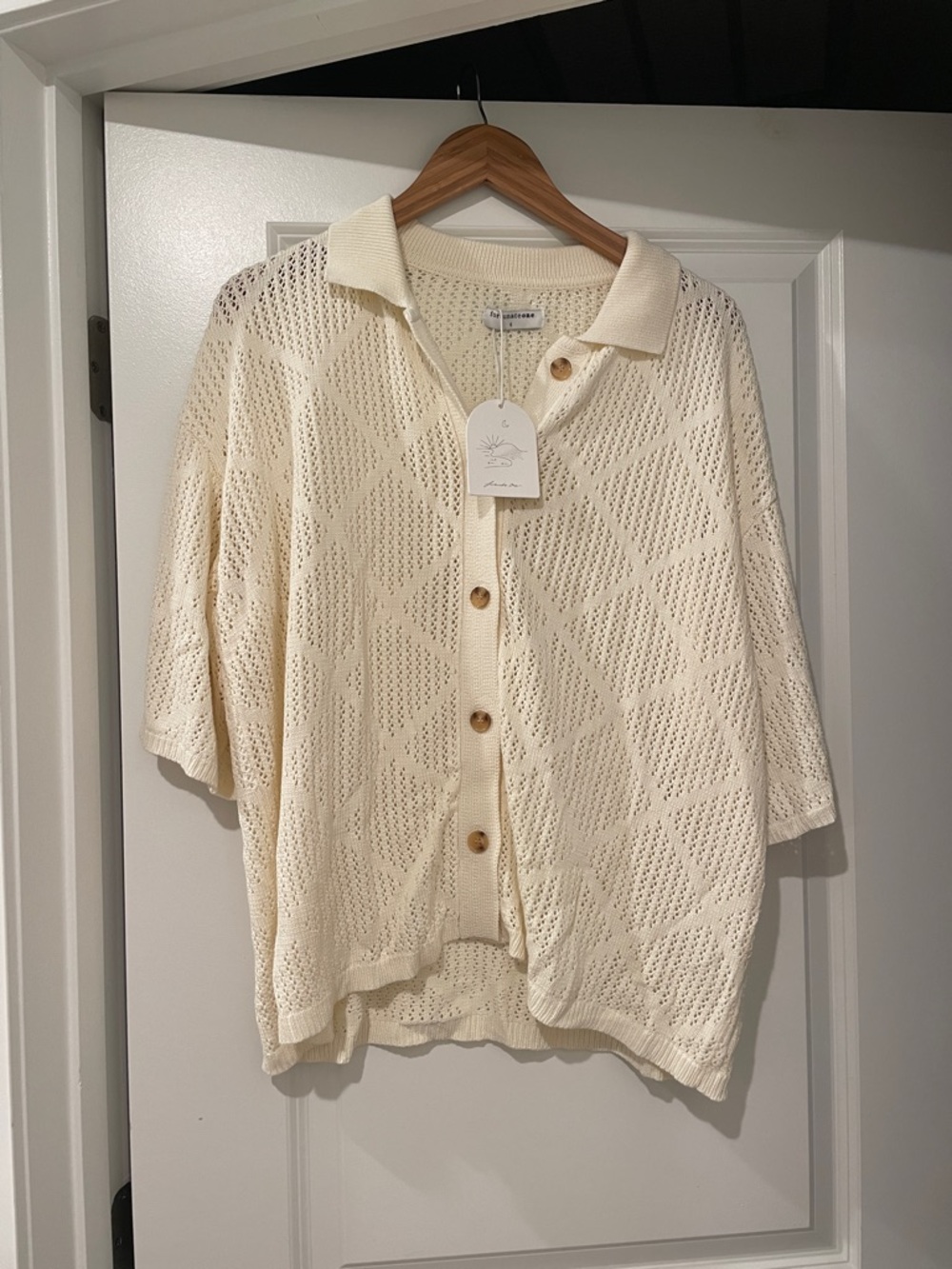 Mango Cream Open-Knit Polo Cardigan